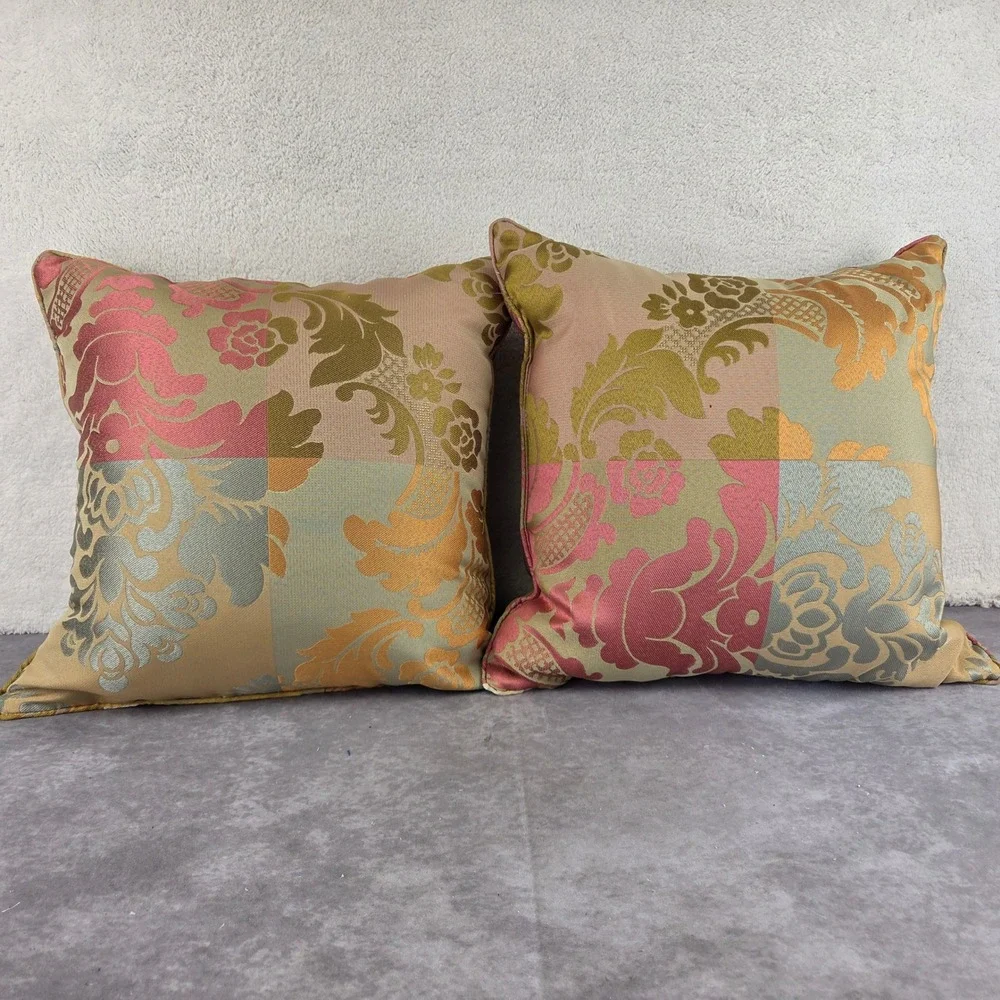 Set of 2 Damask Floral Patchwork Throw Pillows Gold Pink Green Jacquard 17x17